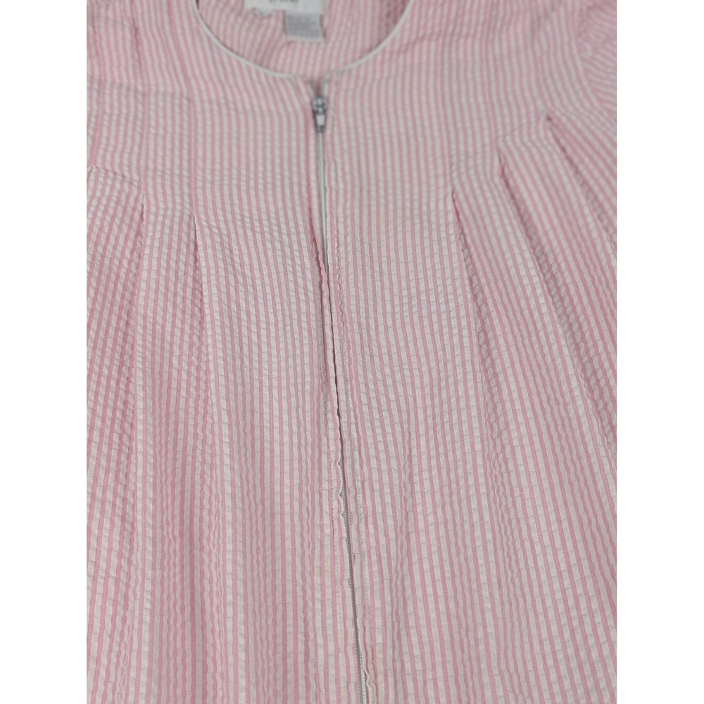 Miss Elaine At Home Pink White Seersucker Zip Front Robe Embroidered Pocket L - Picture 2 of 13
